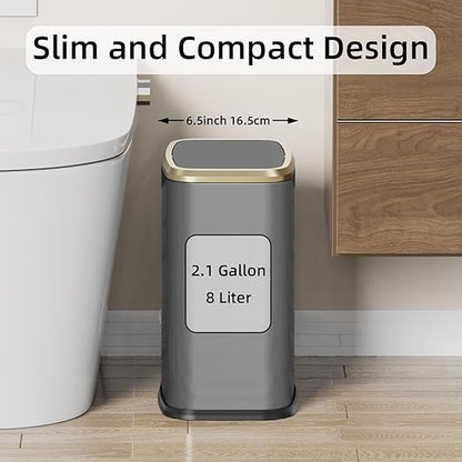 8L/2.1 Gal Small Bathroom Trash Can with Lid, Swing-Top Rectangular Waste Bin, Stainless Steel Garbage Can for Home, Office, Toilet, Bedroom, Living Room (Titanium Black)