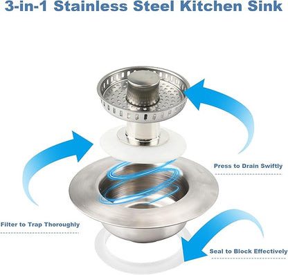 Kitchen Sink Drain Strainer,Stainless Steel 3-in-1 Pop-up Sink Stopper with Sealing Ring, Anti-Clog & Odor-Proof Drain Filter, Fits 3-1/2 Inch Sink Drain Holes, Easy Installation-2pc