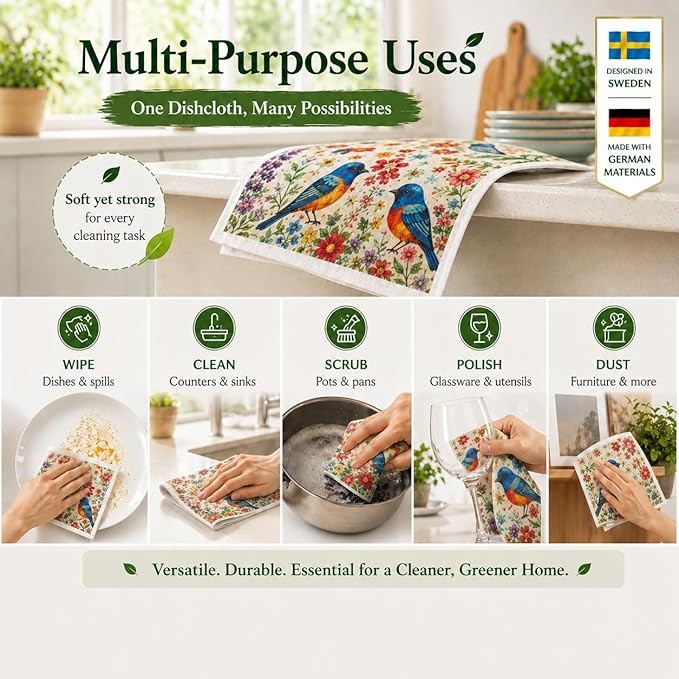 10 PCS Birds Print Swedish Dishcloths for Kitchen 100% Biodegradable, Reusable Cellulose Sponge Cloths Ultra Absorbent, Eco Friendly Cleaning Towels Dishcloths for Washing Dishes & General Cleaning