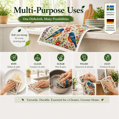 10 PCS Birds Print Swedish Dishcloths for Kitchen 100% Biodegradable, Reusable Cellulose Sponge Cloths Ultra Absorbent, Eco Friendly Cleaning Towels Dishcloths for Washing Dishes & General Cleaning