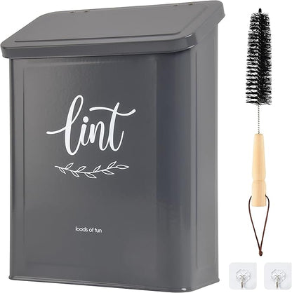 Perfnique Magnetic Lint Bin for Laundry Room with Lint Brush, Wall Mounted Lint Holder Trash can with lid for Dryer, Modern Farmhouse Rustic Metal Laundry Room Storage Organization and Decor(Gray)