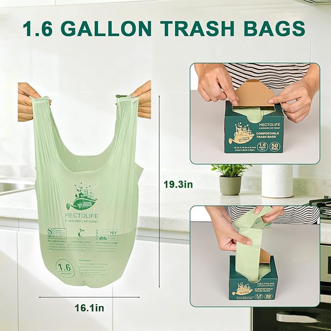HECTOLIFE 1.6 Gallon 300 Count,Compostable Bags Handle Tie,Tear Resistant Kitchen Food Scrap Waste Bag, ASTM D6400, US BPI and Europe OK Compost Home Certified