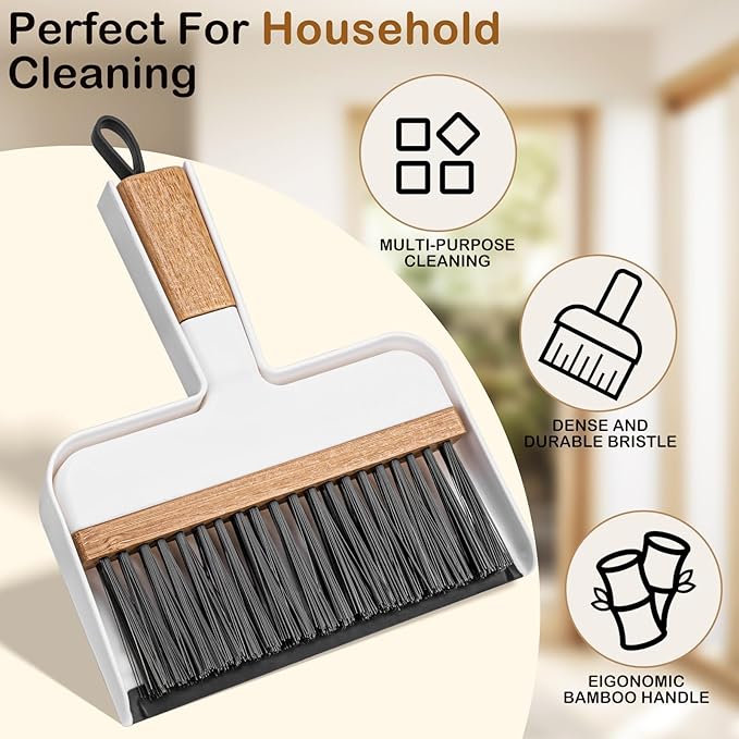 THINKLEARN Mini Dustpan and Brush Set, Portable Broom and Dustpan Combo Set with Bamboo Handle, Handheld Broom Set for Cleaning Desk Drawers Sofas and RV