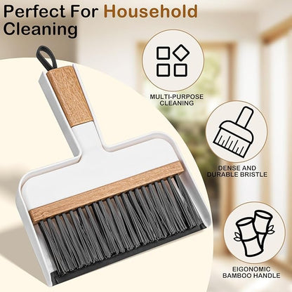 THINKLEARN Mini Dustpan and Brush Set, Portable Broom and Dustpan Combo Set with Bamboo Handle, Handheld Broom Set for Cleaning Desk Drawers Sofas and RV