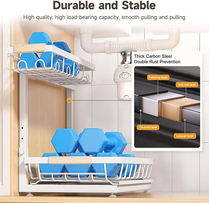Sevenblue 2 Packs Under Sink Organizer, Height Adjustable 2 Tier Under Kitchen Sink Organizer, Multi-Purpose Storage Shelf for Kitchen Bathroom Cabinet