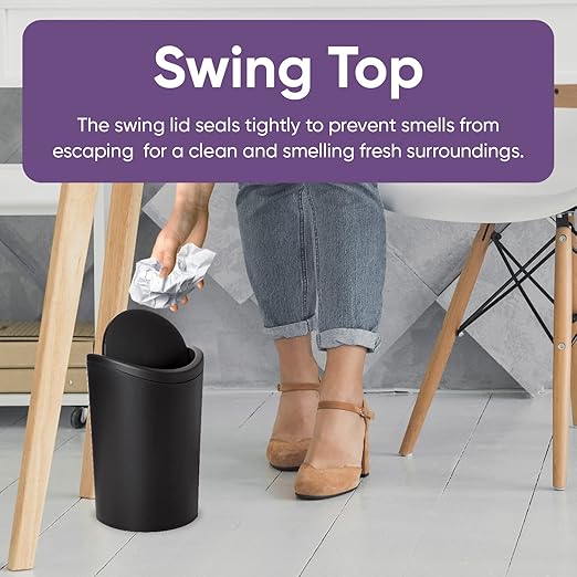 Superio Small Bathroom Trash Cans with Lid 4 Pack (1 1/2 Gallon, 6 Liter), Modern Matte Black Mini Waste Bin with Swing Lid Plastic Garbage Can for Bathroom, Bedroom, Office, Under Desk