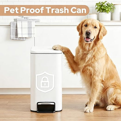 Small Bathroom Trash Can w/Lid Soft Close, 6 Liter/1.6 Gallon Stainless Steel Garbage Can w/Inner Bucket, Trash Bin Waste Basket for Kitchen, Bedroom, Living Room, Office, Toilet, White