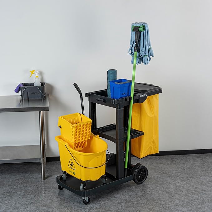 Restaurantware-Clean Tek Professional Janitor Cart with Wheels, 1 Cleaning Trolley with Cover and 18 Gallon Bag - 3 Shelves, Heavy-Duty, Black Plastic Commercial Janitorial Cart, for Restaurants