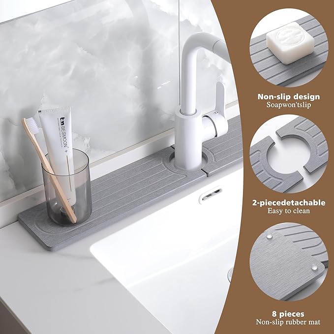 Faucet Mat for Kitchen Sink -Diatomite Stone Drying Mat for Kitchen Counter & Bathroom Sink,Quick-Dry Kitchen Sink Mat-Sink Protector & Splash Guard,Super Absorbent (Gray, 23.6"x4")