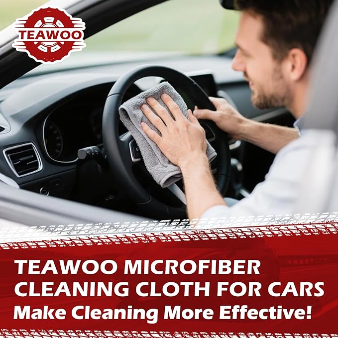 TEAWOO Microfiber Cleaning Cloths Bulk-15 Pack, Gray Microfiber Towels for Cars, Ultra Absorbent Microfiber Towel Weave Grime & Liquid for Streak-Free Mirror Shine - Car Washing Cloth, 12x12 inches