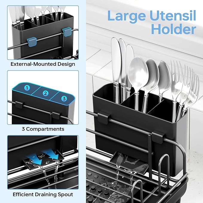 TOOLF Large Dish Drying Rack, Expandable Dish Rack for Kitchen Counter, Multifunctional Dish Drainer, Organization and Storage Essentials with Cup & Cutlery Holders, 16.7"-26.8" L x 12.6" W, Black