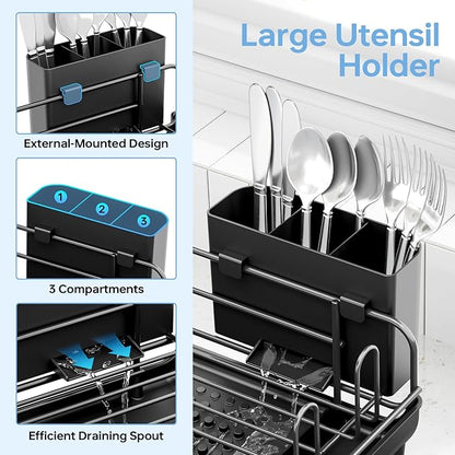 TOOLF Large Dish Drying Rack, Expandable Dish Rack for Kitchen Counter, Multifunctional Dish Drainer, Organization and Storage Essentials with Cup & Cutlery Holders, 16.7"-26.8" L x 12.6" W, Black