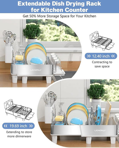 Dish Drying Rack, 304 Stainless Steel Expandable Dish Rack with Adjustable Drain Spout, Large Capacity Dish Drainer with Utensil Holder, Cup Holder and Cutting Board Rack for Kitchen Counter, White