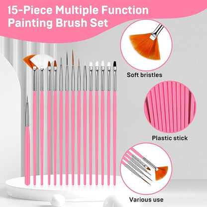 MUIIGOOD 15pcs Pink Nail Art Brushes Set Nail Pen Designer Acrylic Nail Art Gel Painting Brushes Tool Dust Brush,Striping Brushes Dotting Tools for Long Lines Fan Brush Gel Polish Nail Art Supplies