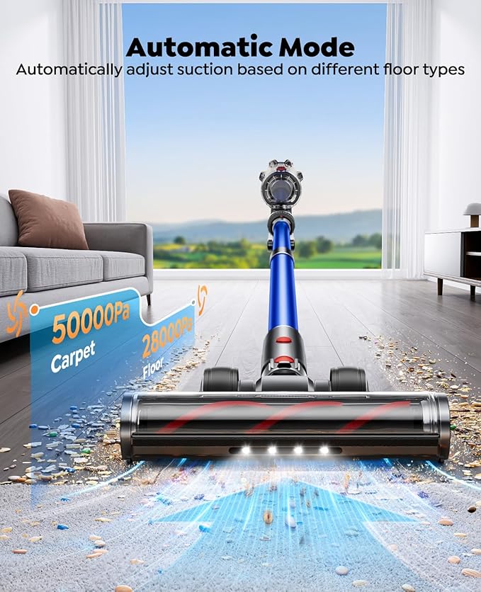 Cordless Vacuum Cleaner with 2 Batteries, 130 Mins/50KPa/600W Stick Vacuum Cleaners for Home with 3.3Ft Hose, Sofa Brush, TouchScreen AUTO-Mode, Wall Mount Charging, Scented, for Floor/Carpet/Pet Hair