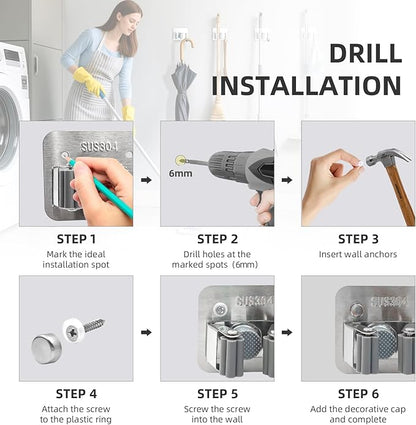 Broom Holder Wall Mount with Screws (4 Pack) Broom and Mop Organizer Wall Hanging, Anti-Slip Mop Holder Broom Hanger with Hooks, Stainless Steel Tool Rack for Garden Garage Organization
