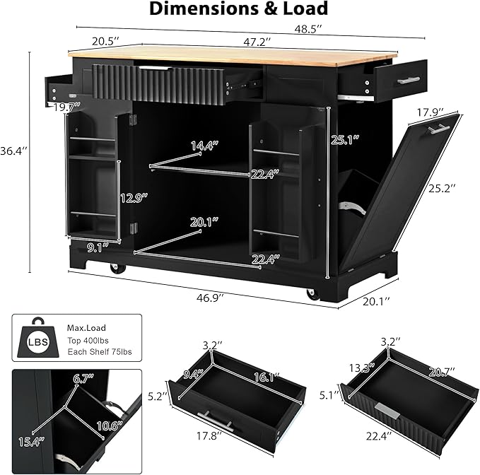 48.5" Kitchen Island with Trash Can Storage Cabinet, Power Outlet, Internal Storage Rack, Rolling Kitchen Islands Cart on 5 Wheels with 3 Drawers, 3 Open Side Racks, Black