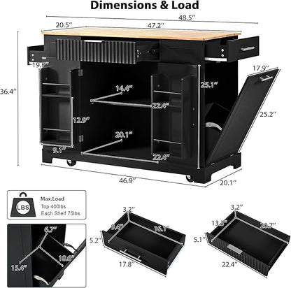 48.5" Kitchen Island with Trash Can Storage Cabinet, Power Outlet, Internal Storage Rack, Rolling Kitchen Islands Cart on 5 Wheels with 3 Drawers, 3 Open Side Racks, Black