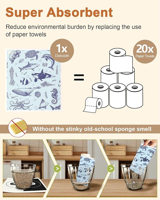 Miss Adola Swedish Dishcloths for Kitchen with Hooks - Reusable Dish Cloths for Washing Dishes Fast Drying Cute Fun 5 Pack Swedish Dish Towels Washable Cleaning Sponge, Deep Sea Fish