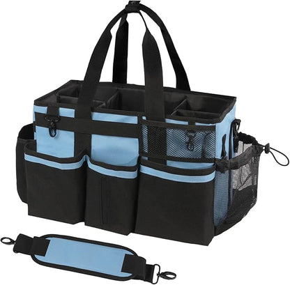 SCAVATA Wearable Cleaning Caddy, Cleaning Caddy Supplies Organizer with Handle & Shoulder Straps for Housekeepers, Under Sink & Car Cleaning Tool Organizers Bag with 4 Foldable Divider (Blue)