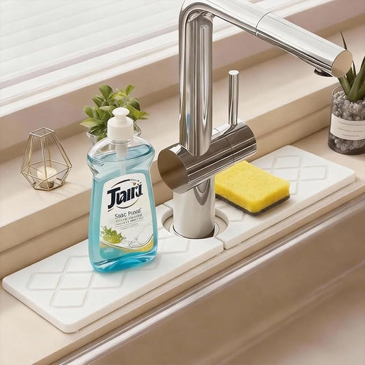 Kitchen Sink Mat, Stone Faucet Mat for Kitchen Sink with Raised Feet, Water Absorbing Stone Tray for Sink, Faucet Splash Guard, Kitchen Accessories, Matte white, 15.8" x 4"