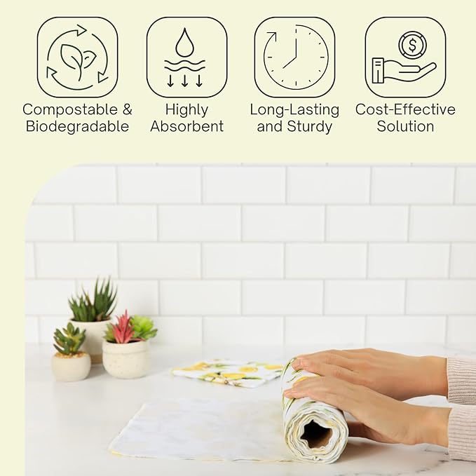 Reusable Paper Towels (12"x10”) - Soft Absorbent 100% Washable Paper Towels - Reusable Paper Towels Washable w/Cardboard Roll - Reusable Napkins (Vintage Lemons, 12x10inch)