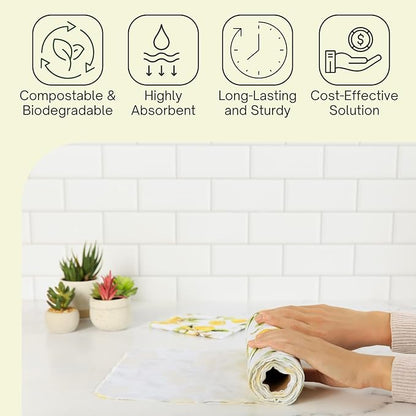 Reusable Paper Towels (12"x10”) - Soft Absorbent 100% Washable Paper Towels - Reusable Paper Towels Washable w/Cardboard Roll - Reusable Napkins (Vintage Lemons, 12x10inch)