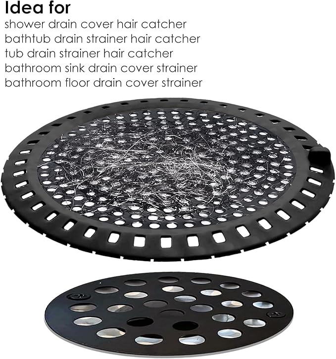 Seatery 2PCS Shower Hair Drain Catcher/Strainer/Cover/Filter/Trap, Hair Stopper Floor Drain, Stainless Steel with Silicone Edge Drain Protector, Black, 4.75 Inch Diameter