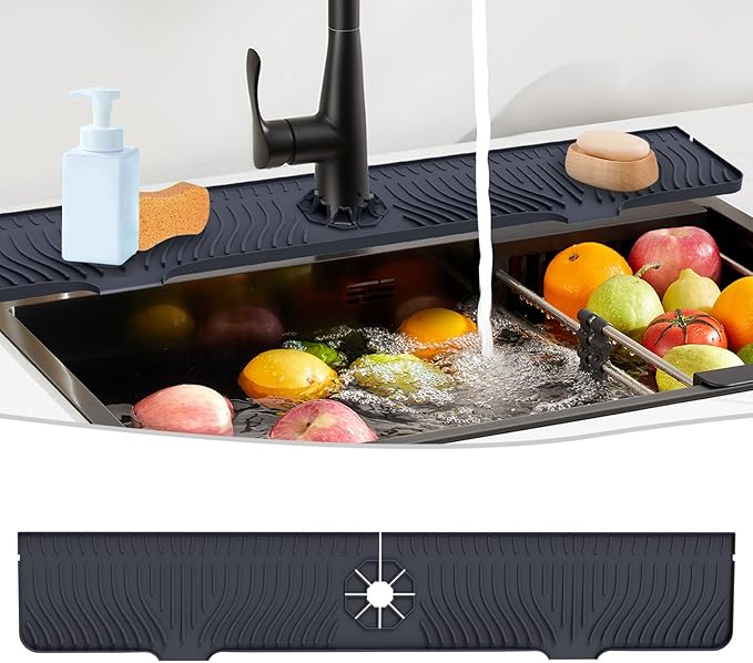 Derlights 33 inch Sink Splash Guard Mat, Silicone Faucet Handle Drip Catcher Tray, Longer Silicone Sink Mat for KitchenBathroom, Drip Protector Splash Countertop (Black)