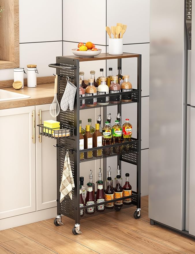 Slim Storage Rolling Cart: 4-Tier Narrow Metal and Wood Utility Cart with Wheels for Kitchen/Laundry/Bathroom(Black)