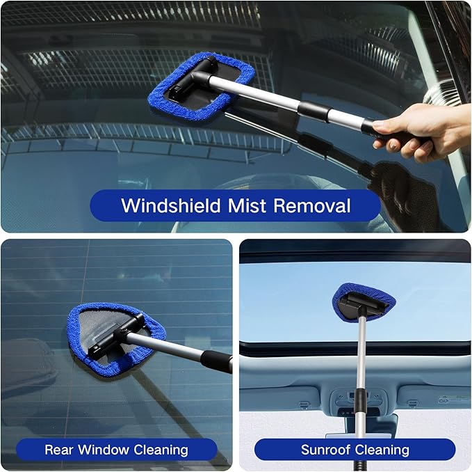 Qydipclin 10pcs Windshield Cleaning Tool Inside Car Window Cleaner Wash Kit with 4 Reusable Microfiber Pads 1 Spray Bottle and Extendable Handle Interior Auto Glass Wiper Kit, Blue&Green
