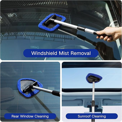 Qydipclin 10pcs Windshield Cleaning Tool Inside Car Window Cleaner Wash Kit with 4 Reusable Microfiber Pads 1 Spray Bottle and Extendable Handle Interior Auto Glass Wiper Kit, Blue