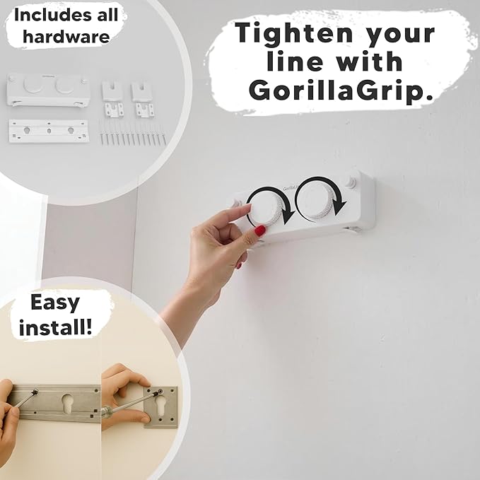 GorillaLine Max - Retractable Clothesline Indoor Outdoor Clothes Line - Heavy Duty Clothes Drying Laundry Line - Wall Mounted Drying Rack - Air Dry Clothing - Max Tighten with GorillaGrip