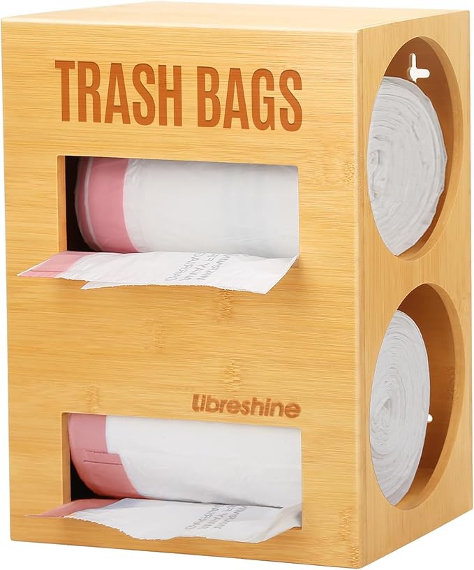Libreshine Extra Large Bamboo 2-in-1 Trash Bag Dispenser & Roll Holder – Fits Costco Kirkland & Members Mark Jumbo Rolls, Wall/Under-Sink/Cabinet Mountable, Dual-Slot Storage for 2 Rolls
