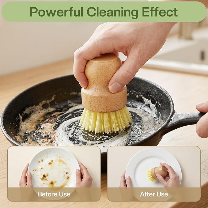 Wooden Dish Brush with Metal Stand Handheld Bamboo Wok Brush Scrubber for Dishes Pans Pots Fruit and Veggie Washing(3,Beige Brown Yellow)