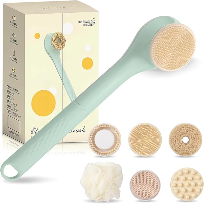 Electric Body Bath Brush, Rechargeable Back Scrubber for Shower, Long Handle Exfoliating Bath Brush for Shower, Lotion Applicator for Back, Silicone Body Scrubber with 6 Shower Brush Heads