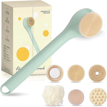 Electric Body Bath Brush, Rechargeable Back Scrubber for Shower, Long Handle Exfoliating Bath Brush for Shower, Lotion Applicator for Back, Silicone Body Scrubber with 6 Shower Brush Heads
