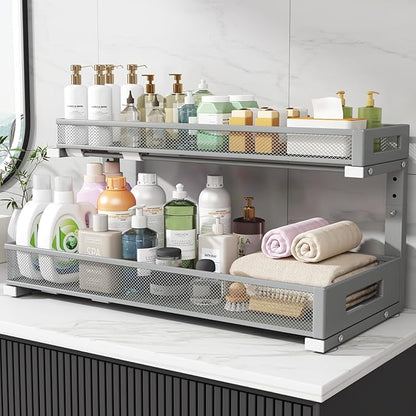 1 Pack 20.47IN Depth Under Sink Storage Organizer, Large 2-Tier Elegant Mesh Pull Out Shelf for Kitchen and Bathroom Cabinet Organization, L-Shaped and Adjustable Height Design-Gun Gray