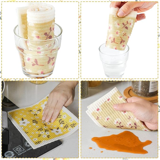 CHENGU 6 Pcs Swedish Kitchen Dish Towels Kitchen Cloth Absorbent Quick Drying Cloths Reusable Dishcloth Small Cleaning Rag for Counter(Flowers Leaves Patterns)