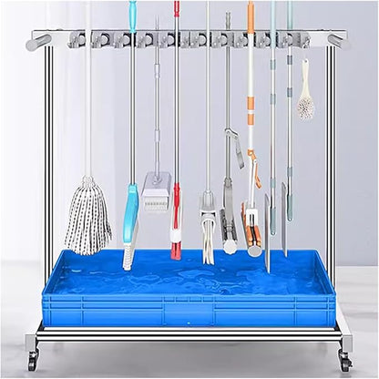Mop Holder Rack with Rolling Wheels, Industrial Steel Freestanding Broom Storage Utility Cart, Home/Garage/Garden Tool Organizer, Heavy-Duty, Supports up to 220lbs