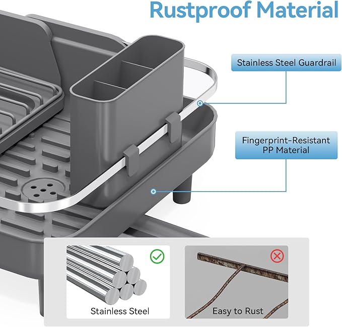 Urackify Expandable Dish Rack for Kitchen Counter, 16.14"-23.62" Large Stainless Steel Dish Drying Rack with Adjustable Water Spout, Space Saving Dish Drainer with Auto Draining Cutlery Holder,Grey