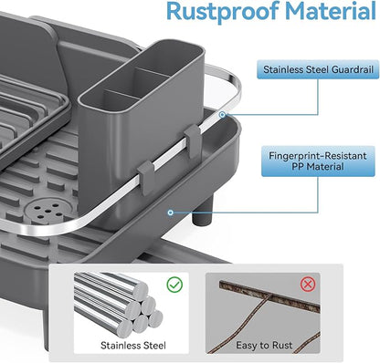 Urackify Expandable Dish Rack for Kitchen Counter, 16.14"-23.62" Large Stainless Steel Dish Drying Rack with Adjustable Water Spout, Space Saving Dish Drainer with Auto Draining Cutlery Holder,Grey