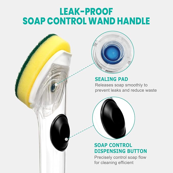 Dishwand with Refills, Dish Wand with Handle Replacement Sponge Heads, Non Scratch Soap Control Leak-Proof Dispenser Scrub,Heavy Duty Advanced Scrubber Brush Pads for Cleaning Dishes Sink Washing Tool