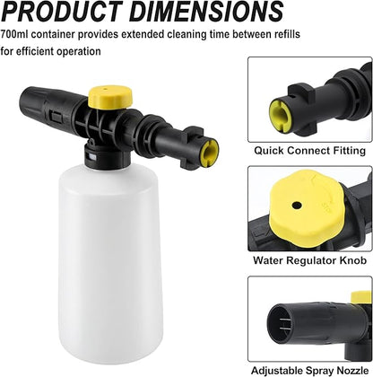 FJ6 Foam Cannon, Compatible with Kar-Cher K1-K7 Pressure Washers, 700ml Tank, Adjustable Spray Nozzle, for Cars, RVs, Garden Furniture, Patios