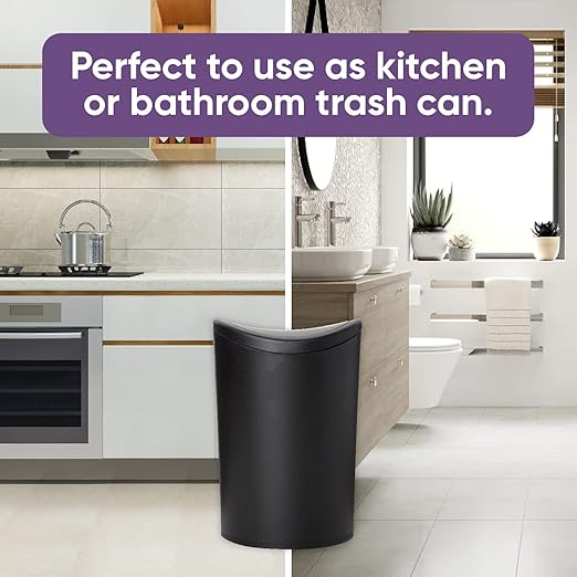 Superio Small Bathroom Trash Can with Lid, Modern Matte Black Mini Waste Bin with Swing Lid (1 1/2 Gallon, 6 Liter) Plastic Garbage Can for Kitchen, Bathroom, Bedroom, Office, Under Desk (2, Black)