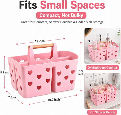 Pink Portable Shower Caddy with Wooden Handle, Plastic Shower Basket Organizer with Drainage Holes & 3 Compartments, Dorm Shower Caddy for College Students, Bathroom, Gym, Camping Toiletry Storage