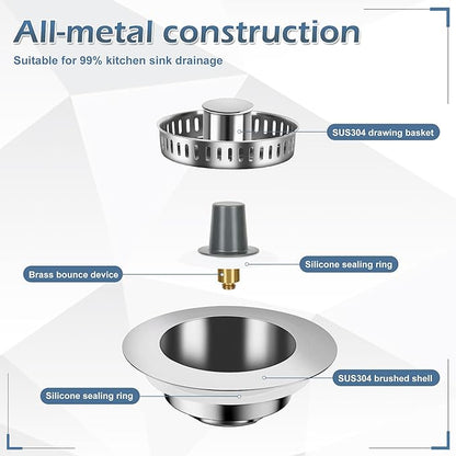 3 in 1 Kitchen Sink Drain Strainer ，304 Stainless Steel Kitchen Sink Stopper and Basket,Long-Term Water Storage，Bass Bounce Core，General，Filter for Standard 3-1/2 inch Drain