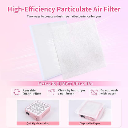BQAN Nail Dust Collector Portable for Home & Salon - 4200RPM Vacuum with Reusable Filter, for Acrylic Drilling Dust Beginner Friendly Small Manicure Tool (Pink)