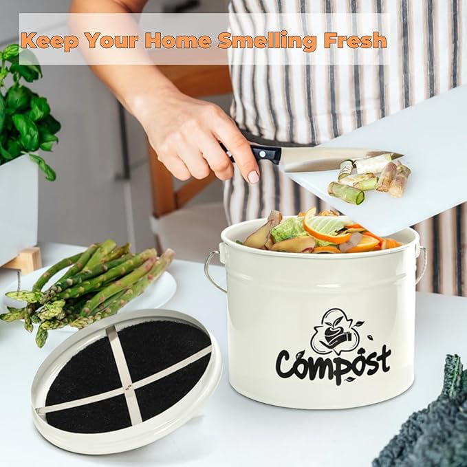 Tlence Small Kitchen Compost Bin, 1 Gallon Odorless Composter Container, Food Waste Bucket with Charcoal Filter Lid, Indoor Farmhouse Composting Pail Canister for Trash Scraps, Carrying Handle