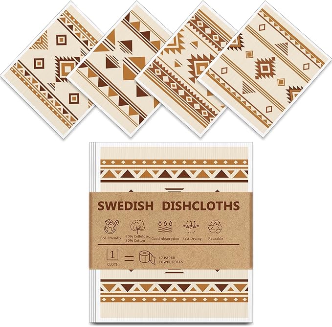 Swedish Dishcloths for Kitchen - 4 Pack Western Aztec Vintage Themed Reusable Paper Towels, Non-Scratch Cellulose Cloths, No Odor, Biodegradable Cleaning Cloths